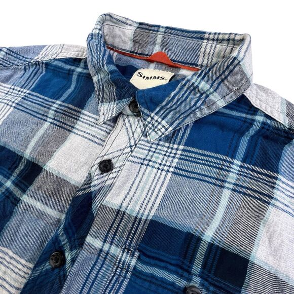 Simms Flannel Shirt Mens Medium Blue Gray Plaid Fishing Outdoor Camping - Picture 3 of 12